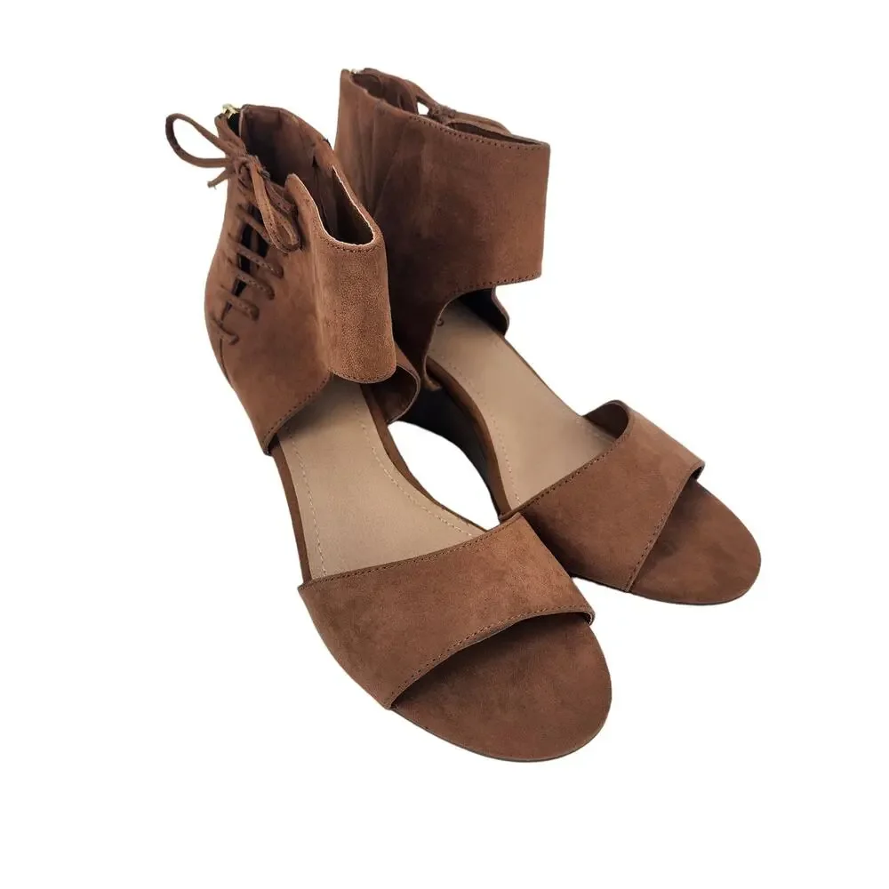 Torrid Brown Open Toe Lace Up Bow Mini Wedge Back Zipper Sandals Size 9 Wide